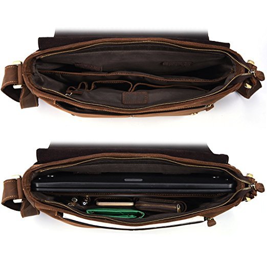 Leather Laptop Bag - Dark Brown Leather, Unisex Shoulder Style With Magnet And Zipper Closure