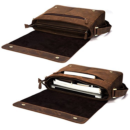 Leather Laptop Bag - Dark Brown Leather, Unisex Shoulder Style With Magnet And Zipper Closure