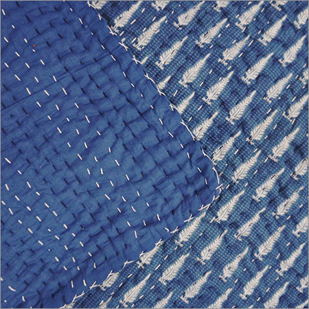 Kantha Quilt - 100% Cotton, 90x108 Inches | Reversible Bedding Throw, Hand Block Printed, Indigo Blue With Stunning Prints