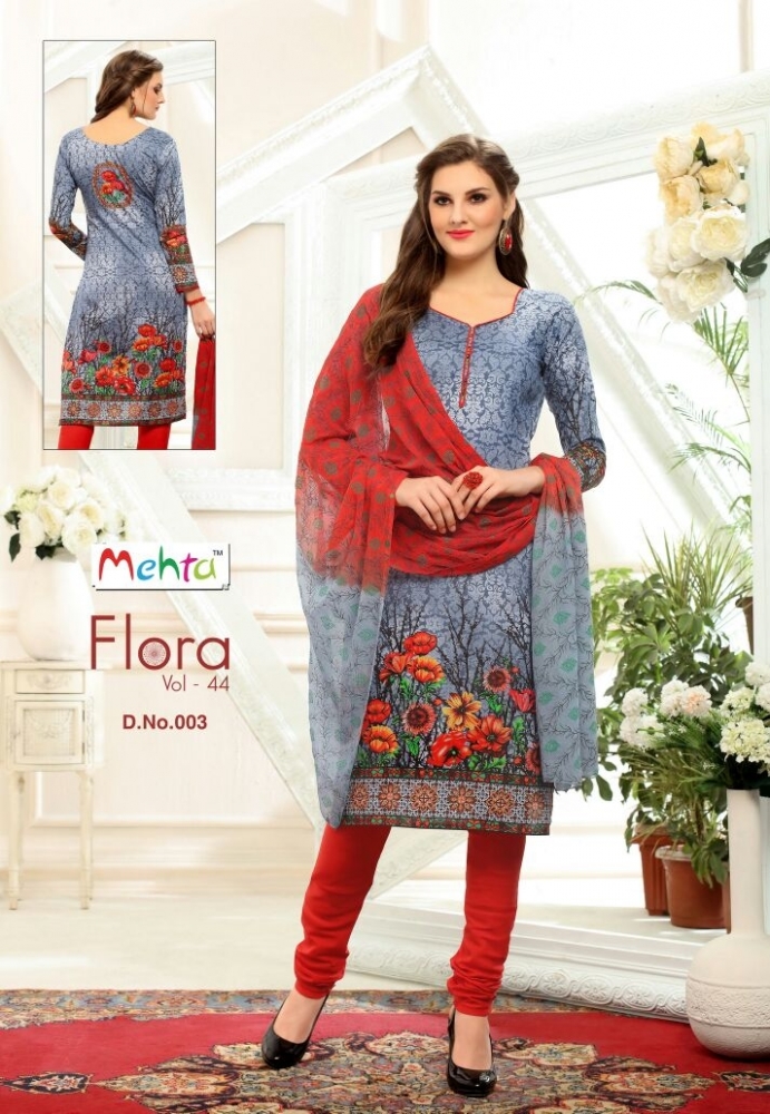 Flora - Cotton Printed Churidar Set, 2.5m Top, 2m Bottom, 2.25m Dupatta | Mixed Color, Full Sleeves, Waterproof Packing