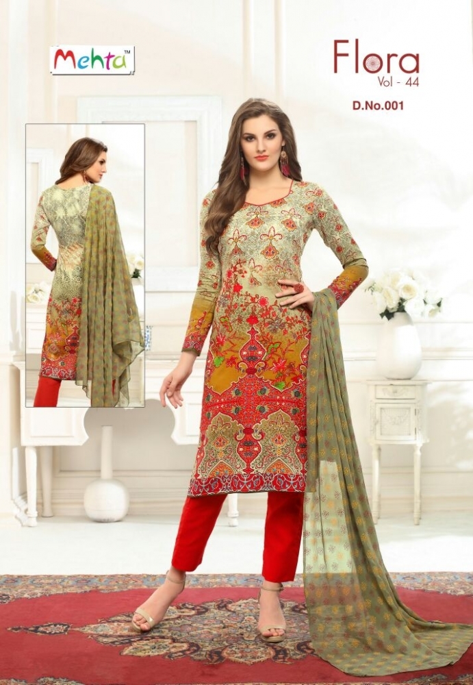 Flora - Cotton Printed Churidar Set, 2.5m Top, 2m Bottom, 2.25m Dupatta | Mixed Color, Full Sleeves, Waterproof Packing