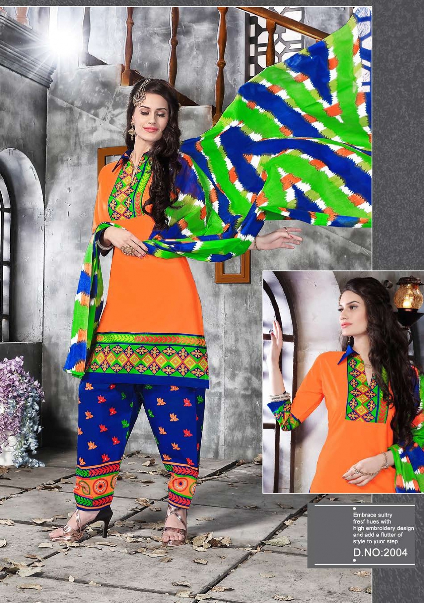 Gamthi - Cotton Printed Churidar Set 2.5m, 2m Bottom, 2.25m Dupatta | Pink And Blue, Full Sleeves, Waterproof Care