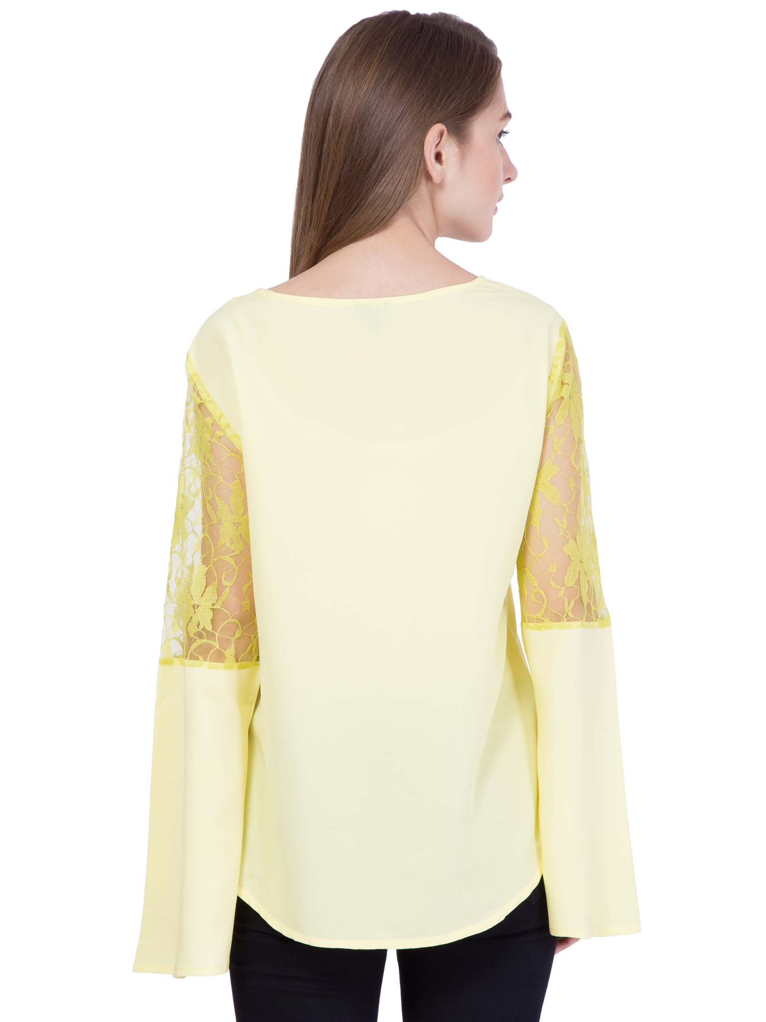 Crepe Top - Full Sleeves, Xs To Xl | Dyed Pattern, Lace Decoration, Modern Ethnic Design, 939.8mm Bust Size, 965.2mm Hip Size