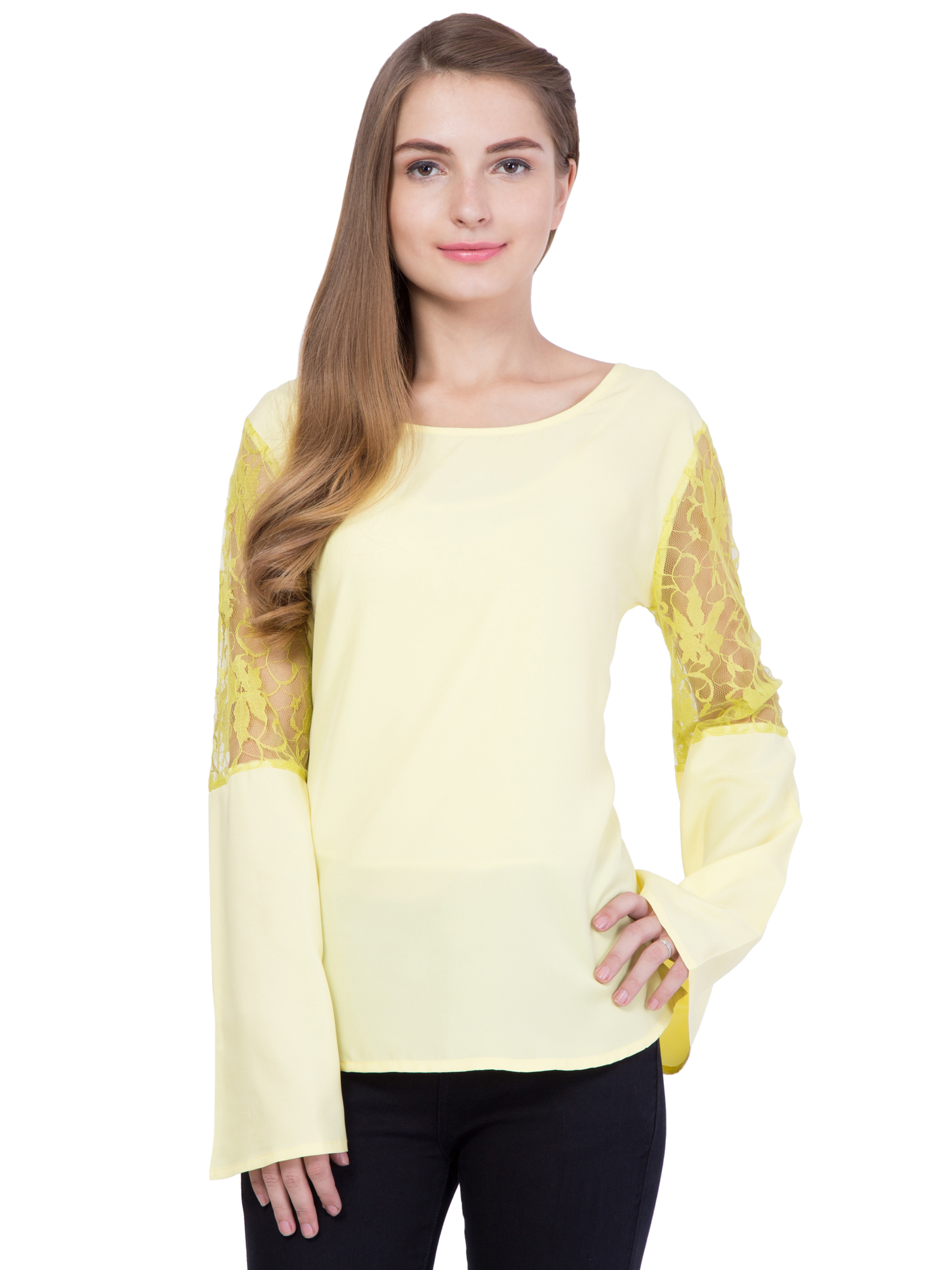 Crepe Top - Full Sleeves, Xs To Xl | Dyed Pattern, Lace Decoration, Modern Ethnic Design, 939.8mm Bust Size, 965.2mm Hip Size