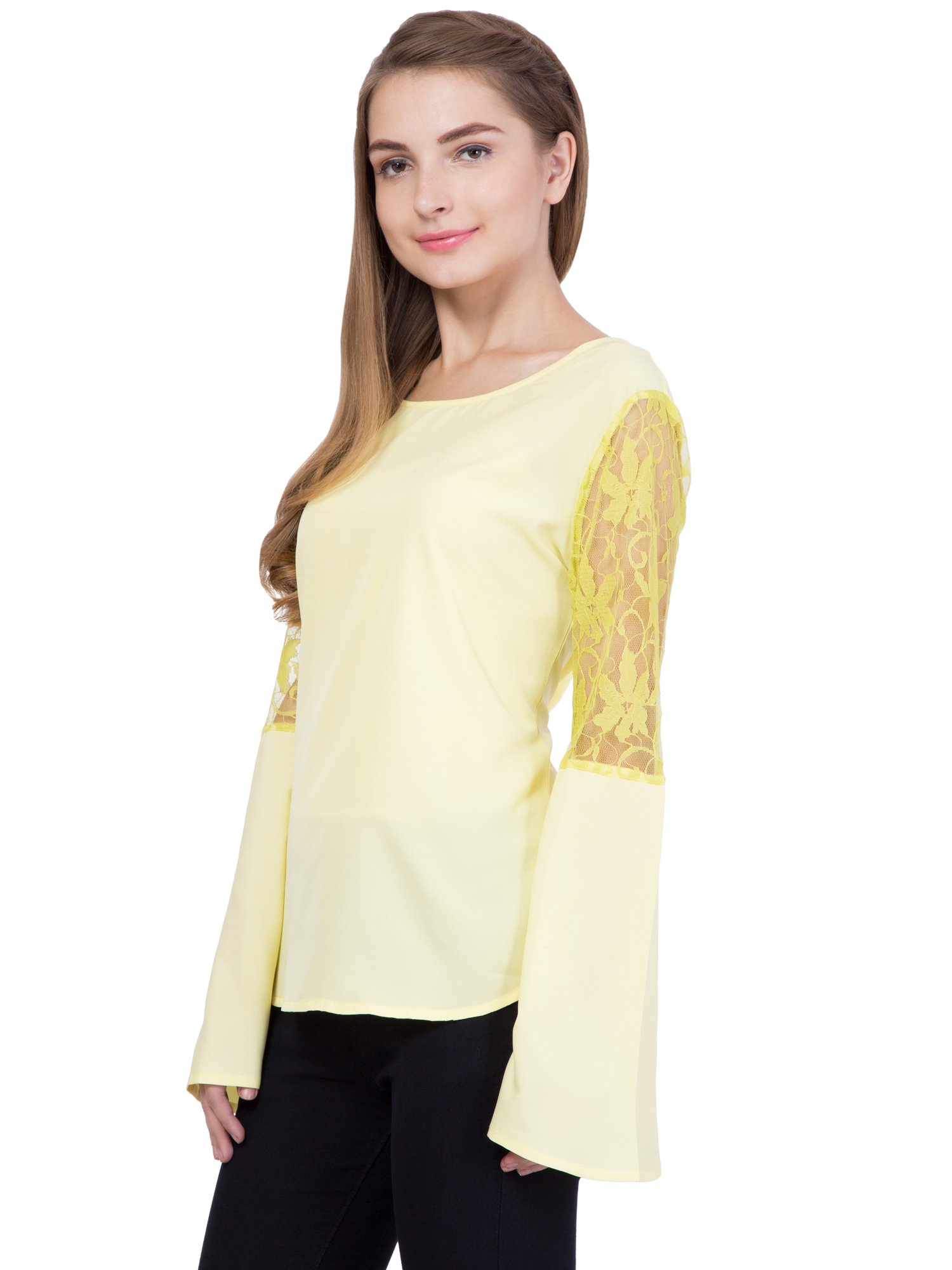 Crepe Top - Full Sleeves, Xs To Xl | Dyed Pattern, Lace Decoration, Modern Ethnic Design, 939.8mm Bust Size, 965.2mm Hip Size
