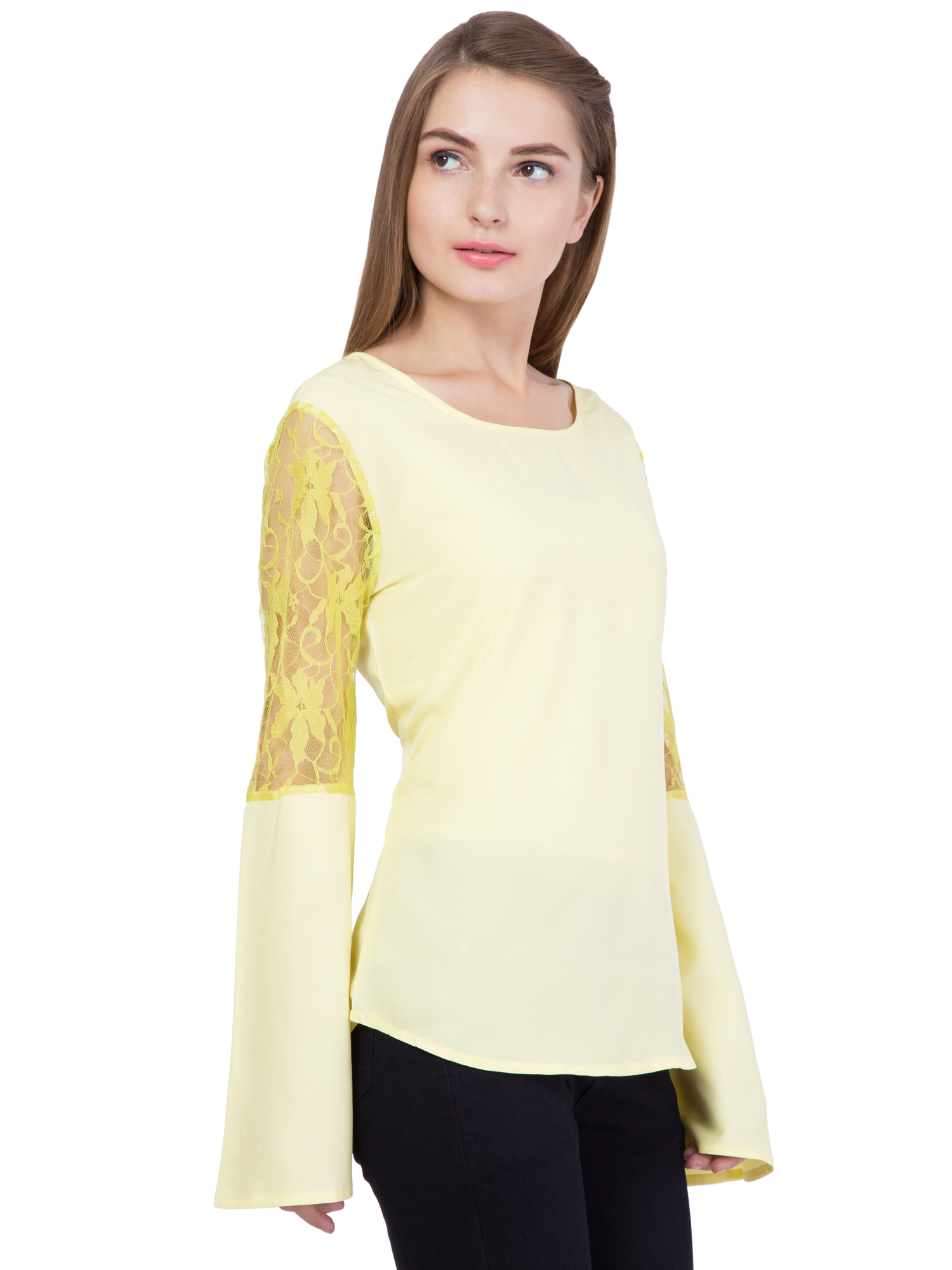 Crepe Top - Full Sleeves, Xs To Xl | Dyed Pattern, Lace Decoration, Modern Ethnic Design, 939.8mm Bust Size, 965.2mm Hip Size