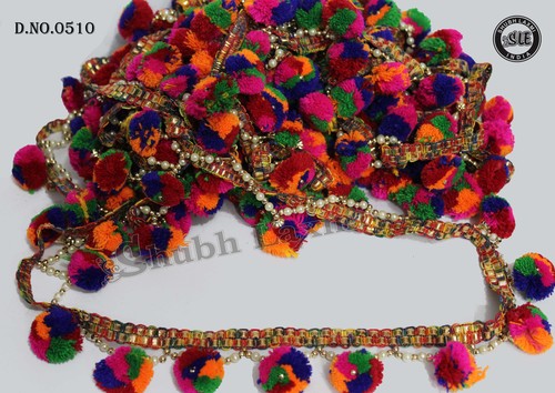 Pom Pom Lace - Polyester, 1-2 Inches Wide, Multicolor | Usage: Sarees, Dresses, Handicrafts, 1000 Meters Length, Customized Packaging