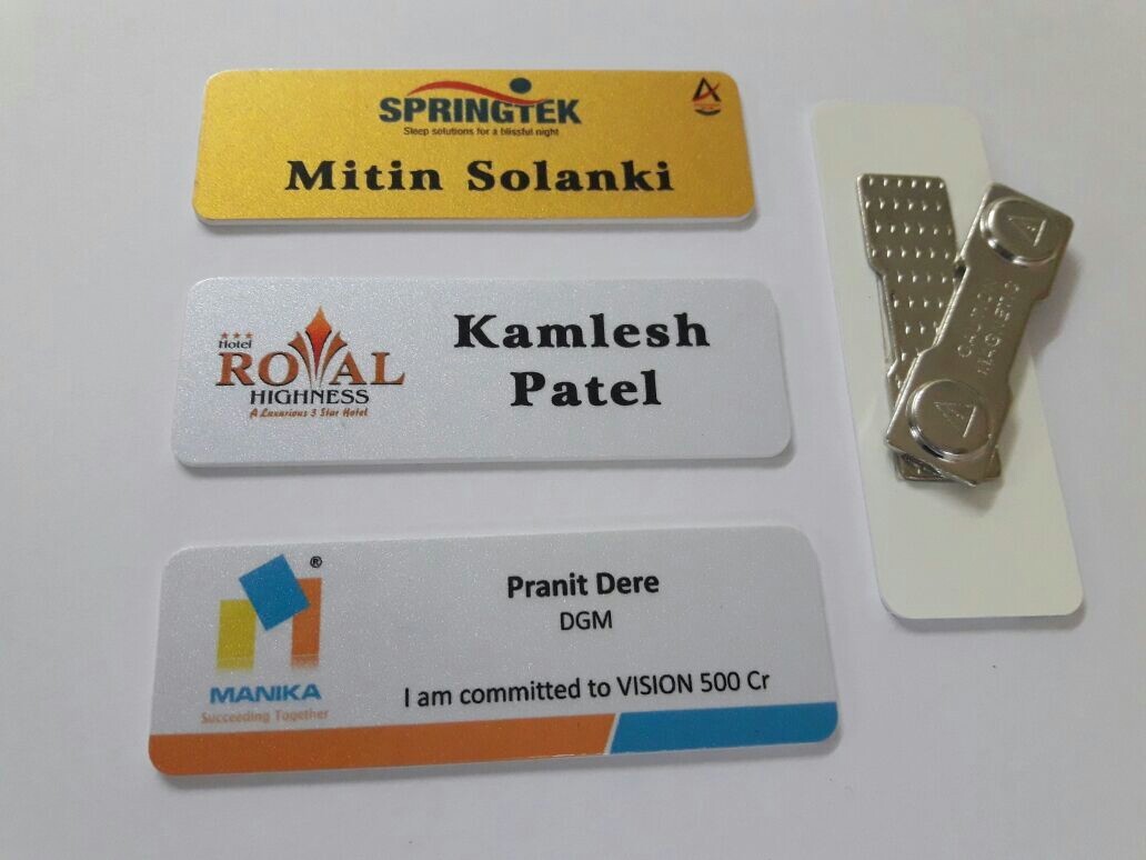 Metallic Name Badges - Tinplate, 1 X 3 Inch & 1.5 X 3 Inch Sizes, Gold & Silver Colors | Metallic Glossy Finish, Custom Designs, Easy Pin Attachment