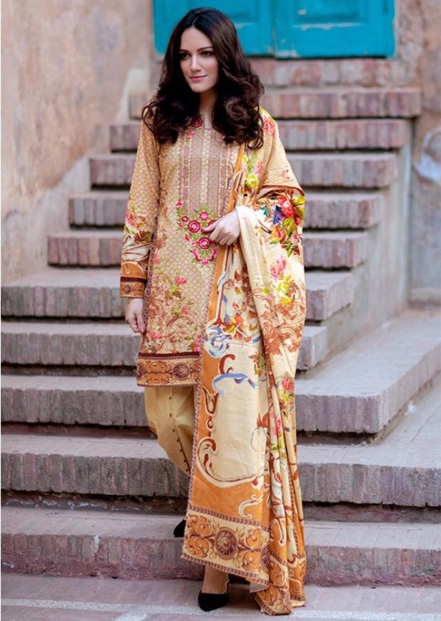 Pakistani Suit - Lawn Cotton Top, Dyed Cotton Bottom, Chiffon Dupatta | Unstitched Up To Size 42", Digital Printed And Embroidered, Dry Clean Only