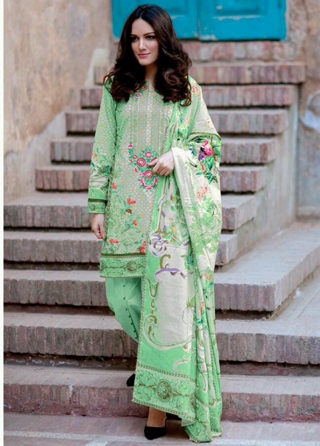 Pakistani Suit - Lawn Cotton Top, Dyed Cotton Bottom, Chiffon Dupatta | Unstitched Up To Size 42", Digital Printed And Embroidered, Dry Clean Only