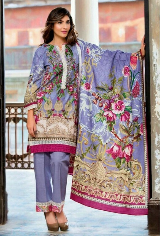 Pakistani Suit - Lawn Cotton Top, Dyed Cotton Bottom, Chiffon Dupatta | Unstitched Up To Size 42", Digital Printed And Embroidered, Dry Clean Only
