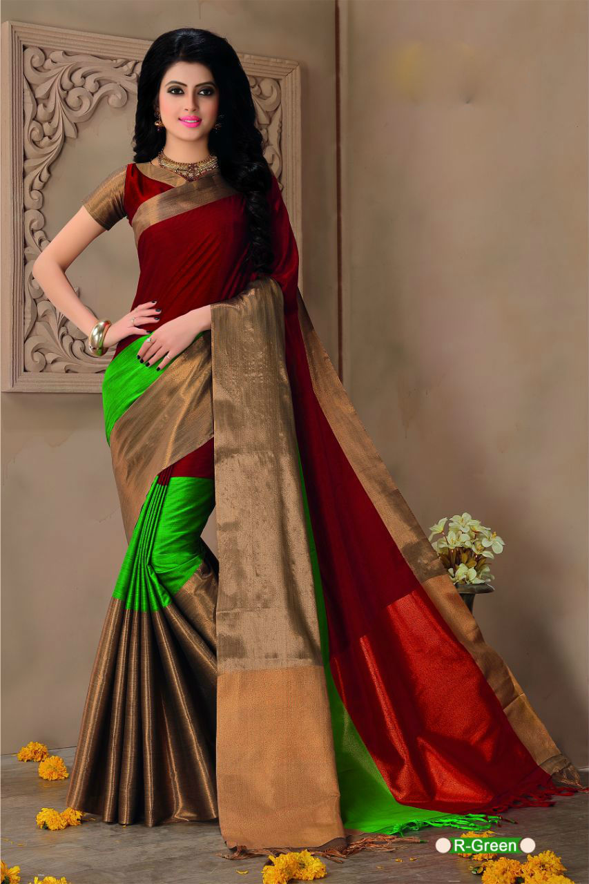 Cotton Silk Designer Saree - Customized Up To 42", Multi-color, Unstitched Blouse Included, Casual Wear, All Season