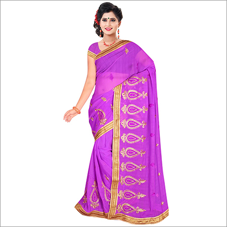 Ladies Violet Georgette Saree - 5.5 Mtr Length, Elegant Embroidered Resham & Zari Work, Bollywood Style, Ideal for All Seasons
