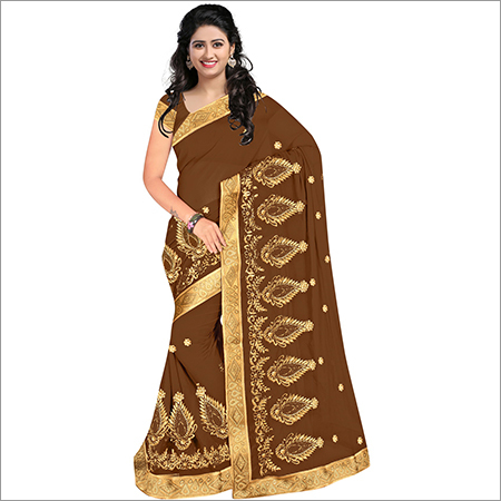 Brown Ladies Designer Georgette Saree