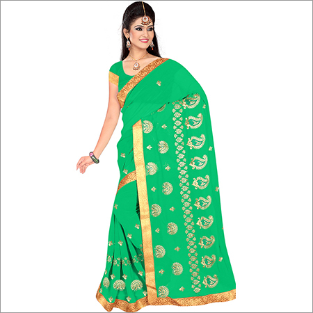 Light Green Ladies Traditional Georgette Saree