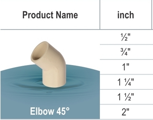 cPVC Elbow - 1/2" to 2" Sizes, White Color | 45-Degree Angle, 150 PSI Pressure Rating, Easy Fitting, Dimensional Accuracy