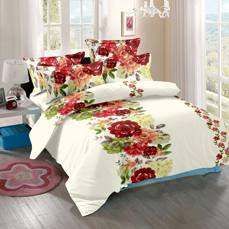 Satin Cotton Printed Bed Sheet - Full Size 220x220 cm, White and Red Floral Pattern, 100% Breathable Cotton, Ideal for Home, Hotel, and Weddings