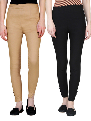 Ladies Button Jegging - Nylon Material, Waist Size 32-36 | Casual Dress Type, Golden and Black Color, Summer Suitable, Plain Pattern