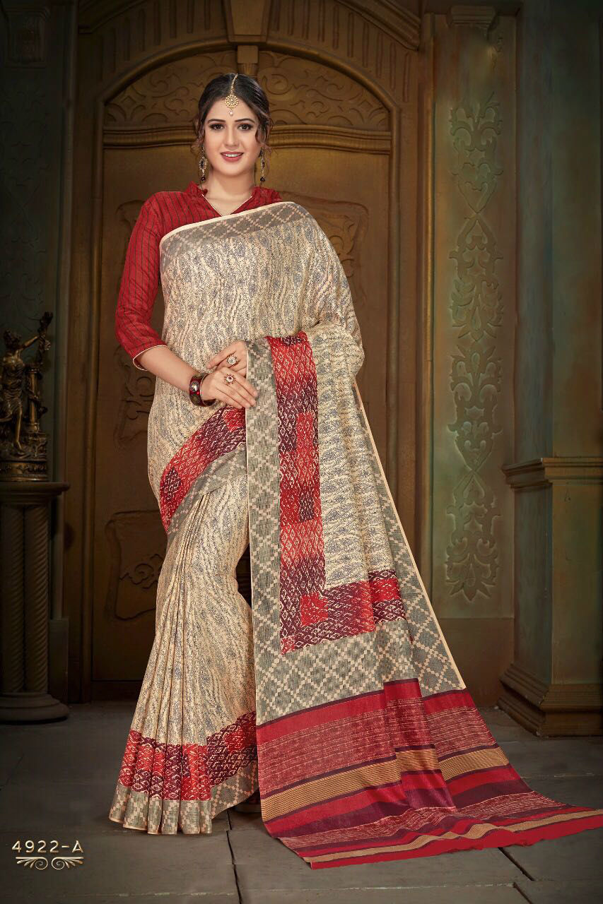 Designer Saree - Pure Cotton Silk Fabric, Unstitched Blouse, Customized Size Up To 42" | Printed Pattern, Elegant Latest Designs