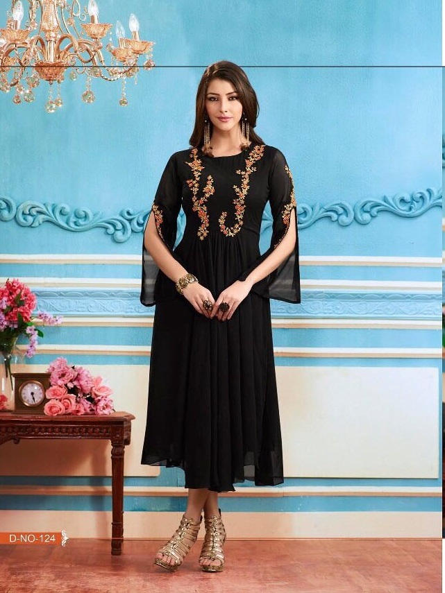Georgette Kurtis - Apricoat Fancy Georgette, A-line Readymade With Embroidery And Khatli Work | Sizes M, L, Xl, Xxl, Dry Clean Only