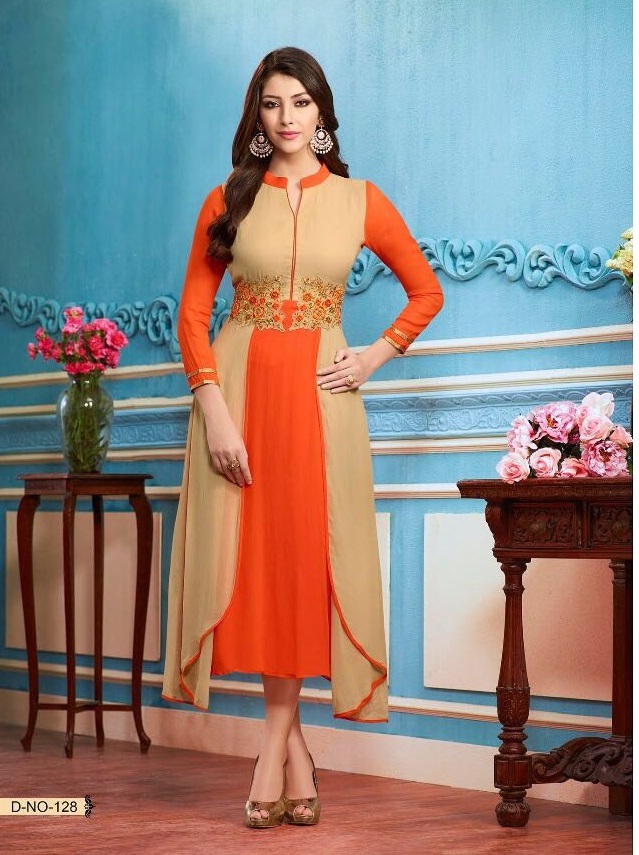 Georgette Kurtis - Apricoat Fancy Georgette, A-line Readymade With Embroidery And Khatli Work | Sizes M, L, Xl, Xxl, Dry Clean Only