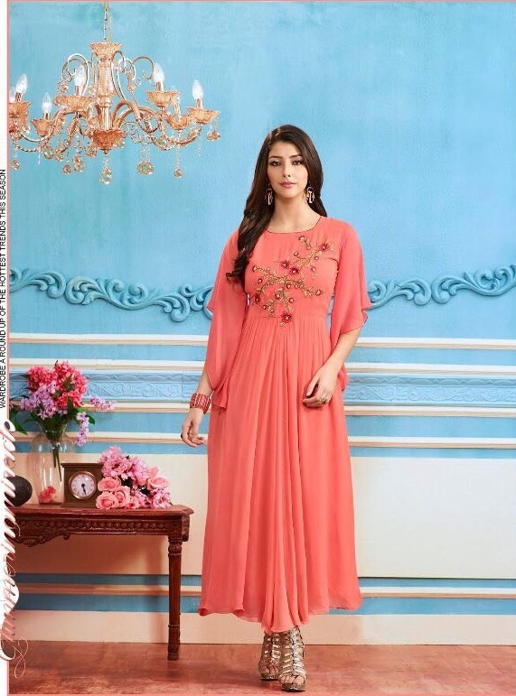 Georgette Kurtis - Apricoat Fancy Georgette, A-line Readymade With Embroidery And Khatli Work | Sizes M, L, Xl, Xxl, Dry Clean Only
