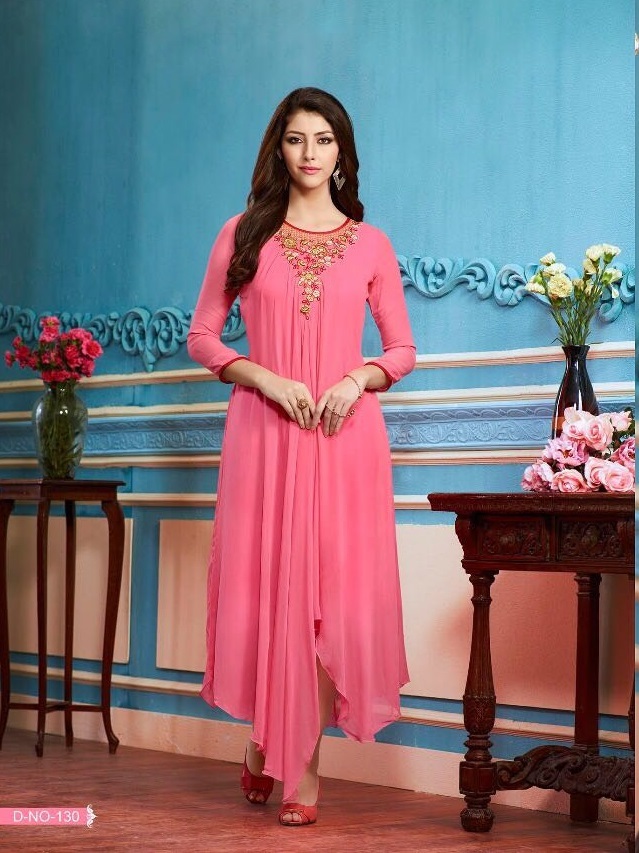 Georgette Kurtis - Apricoat Fancy Georgette, A-line Readymade With Embroidery And Khatli Work | Sizes M, L, Xl, Xxl, Dry Clean Only