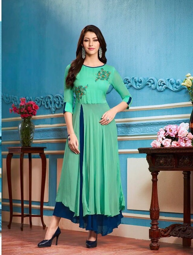 Georgette Kurtis - Apricoat Fancy Georgette, A-line Readymade With Embroidery And Khatli Work | Sizes M, L, Xl, Xxl, Dry Clean Only