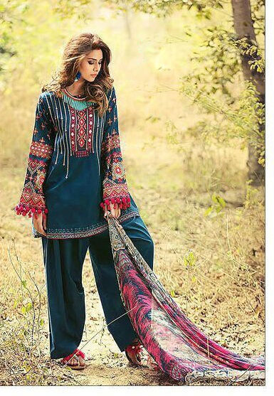 Pakistani Lawn Suits - Cotton Top, Semi Lawn Bottom, Chiffon Dupatta | Unstitched, Size Up To 42", Heavy Embroidery Work