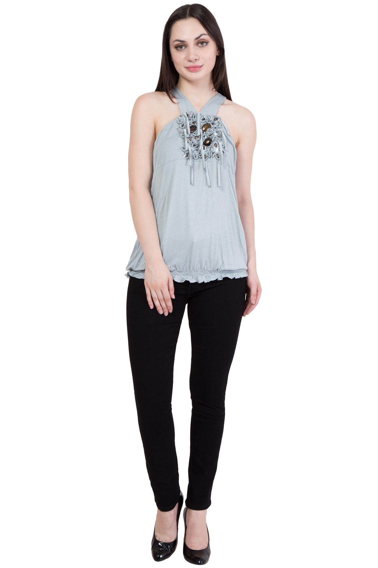 Viscose Jersey Sleeveless Top - Size Xs To Xl | Beaded Decoration, Western Dress Type