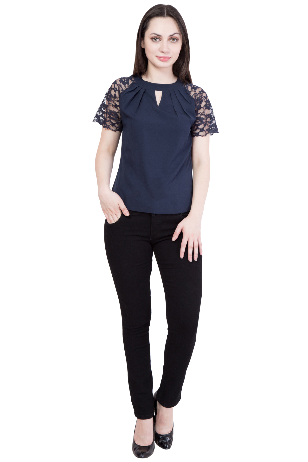 Crepe Lace Top - Size Xs To Xl, Short Sleeves With Our Logo, Western Style