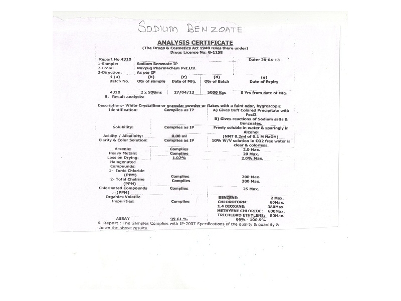 Sodium Benzoate - 100% Purity Powder, Ph Level 10, Irregular Shape, Woody Smell, Bitter Taste, Easy Melt For Laboratory Use