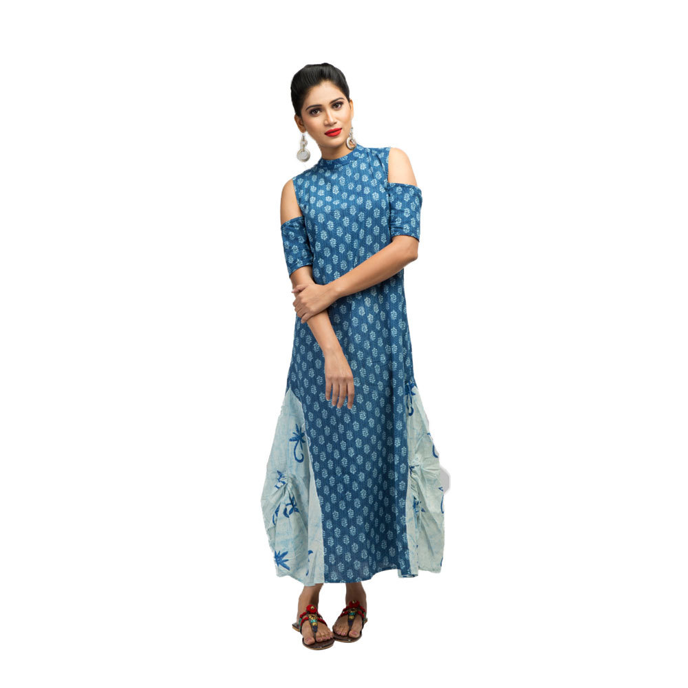 Ladies Cold Shoulder Long Indigo Dress Front