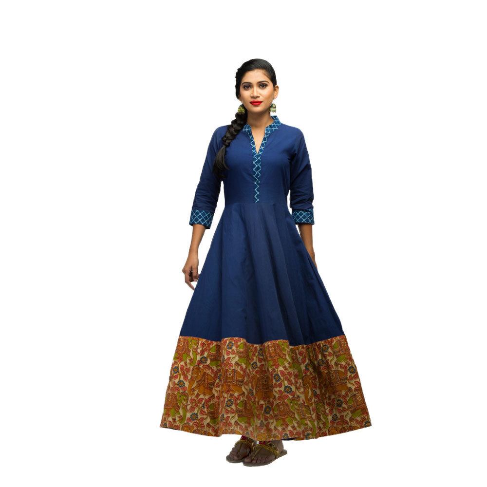 Ladies Floor Length Indigo Cotton Dress Front