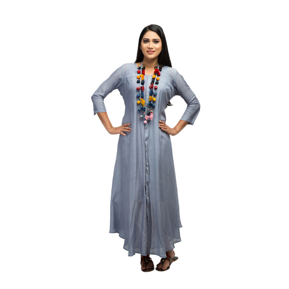 Ladies Grey Cotton one piece dress with neck Piece Front