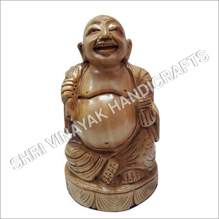 लकड़ी का हंसता बुद्ध प्रतिमा