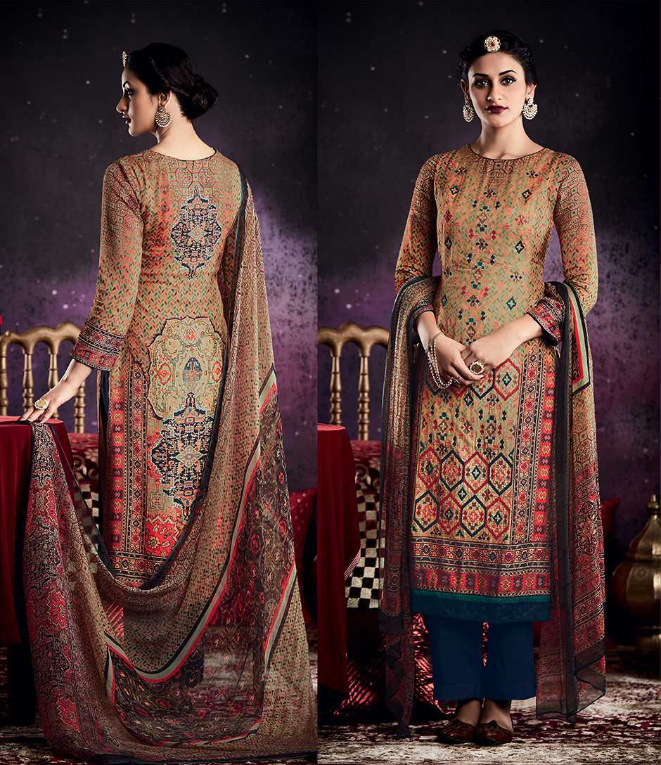 Online Suit Shoping - Pure Tussar Silk & Cotton Satin, Multi Color | Hand Embroidered, Semi Stitch, Customized Size