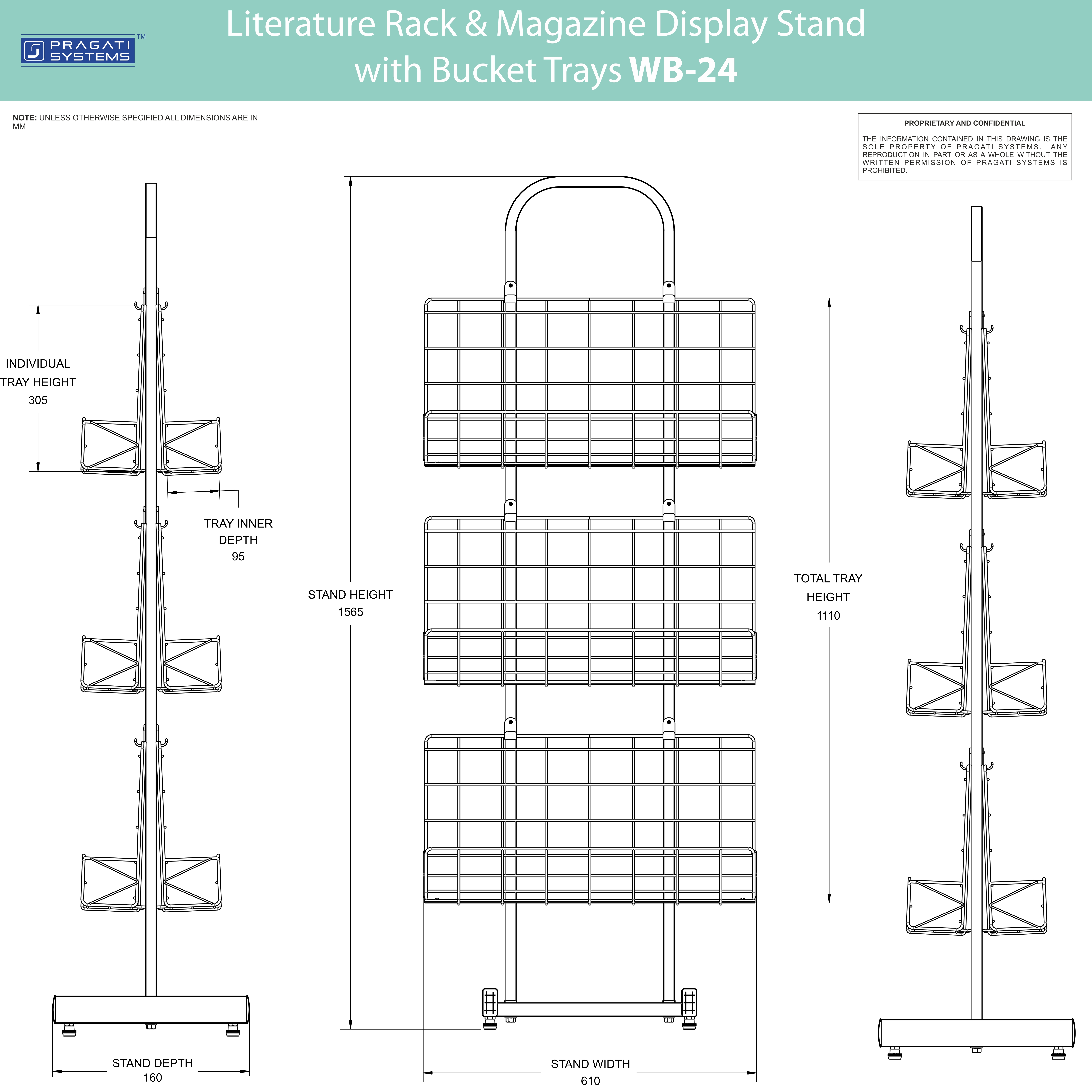 Wb-24 Magazine Display Stand - Crca Steel, 156cm X 39cm X 36cm | 6 Tiered Wired Buckets, Stylish Nickel Grey Finish