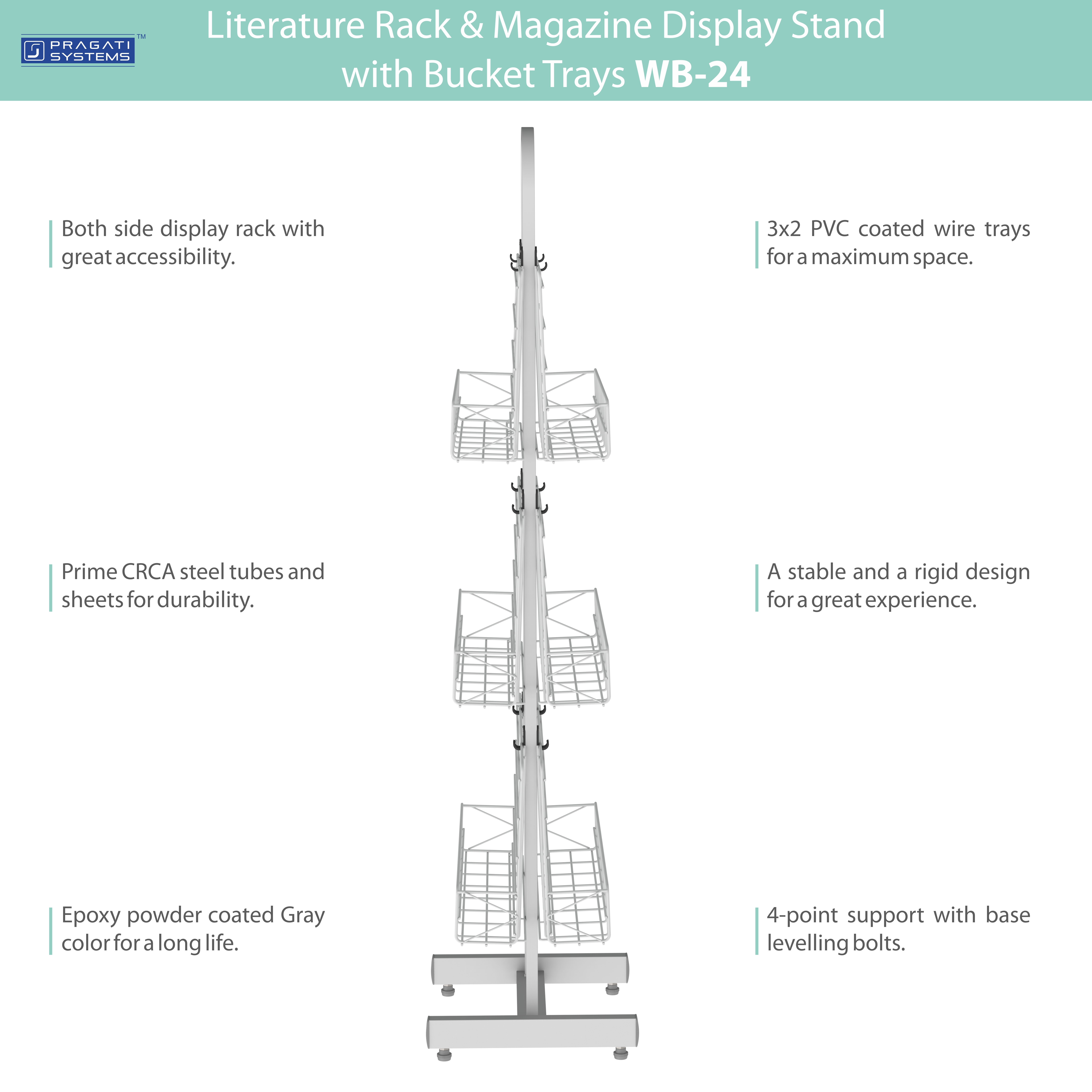 Wb-24 Magazine Display Stand - Crca Steel, 156cm X 39cm X 36cm | 6 Tiered Wired Buckets, Stylish Nickel Grey Finish