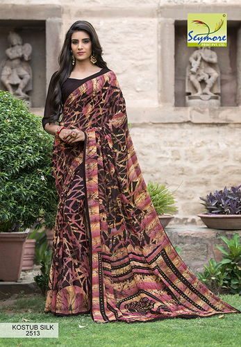 Crepe Printed Saree - 5.5 Mtrs Length + 0.8 Mtrs Blouse, Brown Georgette with Digital Print, Fancy Party Wear for Festive Occasions