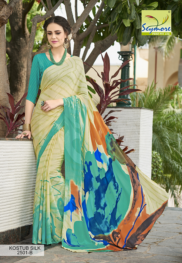 Designer Fancy Printed Crepe Saree - 5.5 Mtrs Crepe With 0.8 Mtrs Blouse, Cream And Orange Floral Design With Bollywood Style