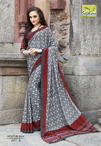 Synthetic Printed Saree - Crepe Fabric, 5.5 Mtrs + 0.8 Mtrs Blouse, Grey Color | Dotted Pattern, Bollywood Style, Washable, Ideal for Festivals & Parties