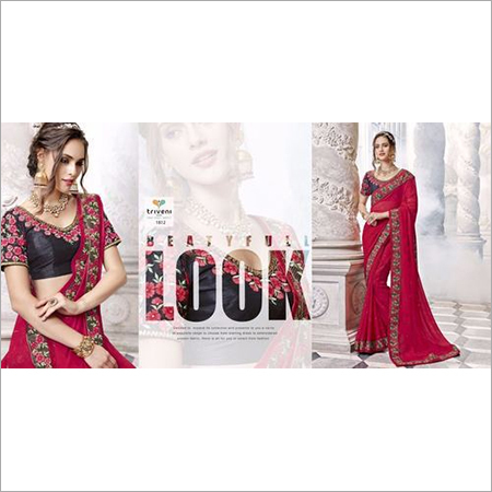 Embroidered Saree - Georgette Material, Red Color | Laced Closure, Intricate Thread Work For All Seasons