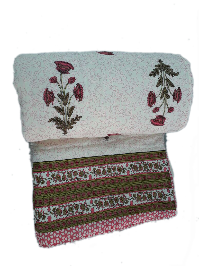 Designer Double Bed Quilt - 100% Cotton, Double Size | Handcrafted Embroidered Design, Durable Lightweight Warmth, Versatile Usage As Throw Or Bed Blanket