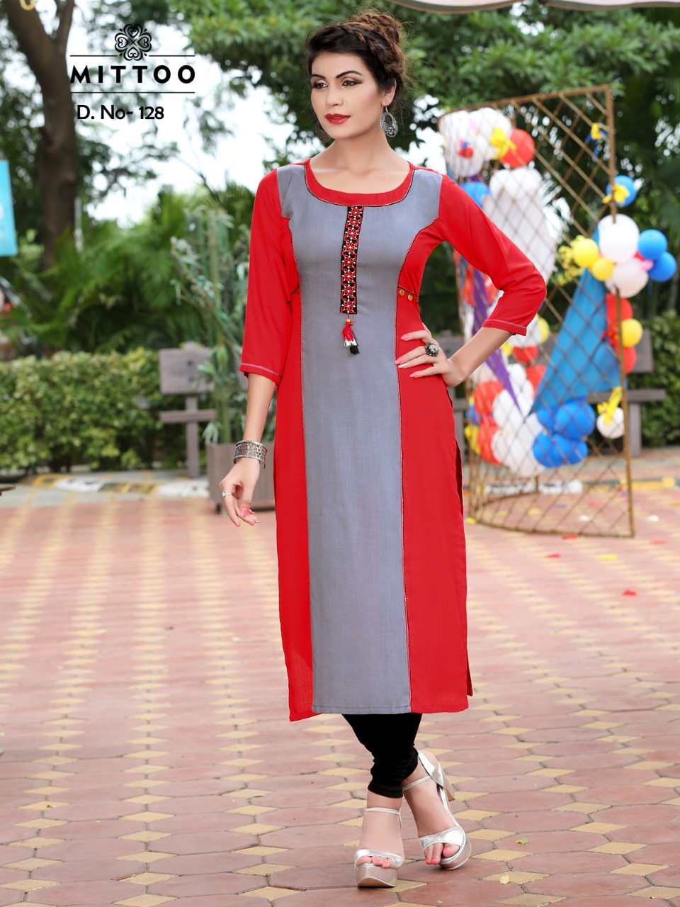 Ladies Fancy Kurti - 14 Kg Rayon, Sizes M(38) To Xxxl(46) | Black And Red, Thread Embroidery, 3-4th Sleeve, Washable, Modern Style
