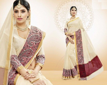 Printed Cream Cotton Saree