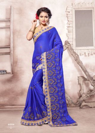Cotton Silk Dark Blue Wedding Wear Designer Saree