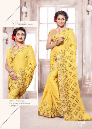 Cotton Silk Yellow Embroidery Designed Wedding Wear Saree