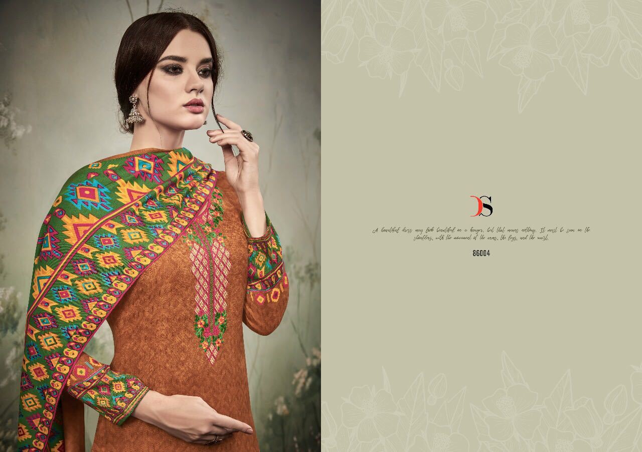 Pure Pashmina Printed Dress Materials With Self Embroidary