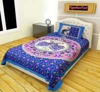 Multi Peacock Print Rajwara Print Single Bed Bedsheet